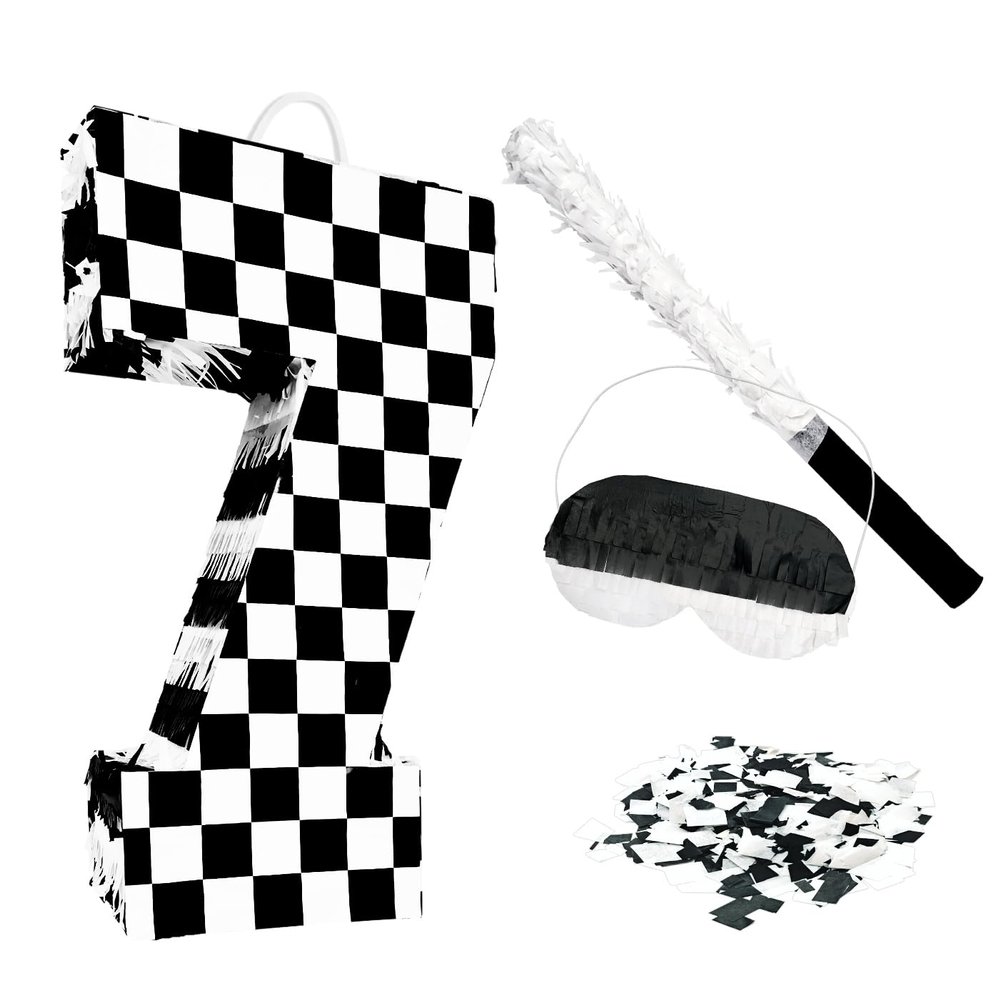 AVXINSOK Checkered Number 7 Pinata with Stick and Blindfold Black and White Race Car Pinata for Kids 7th Birthday Anniversary Racing Car Party Supplies