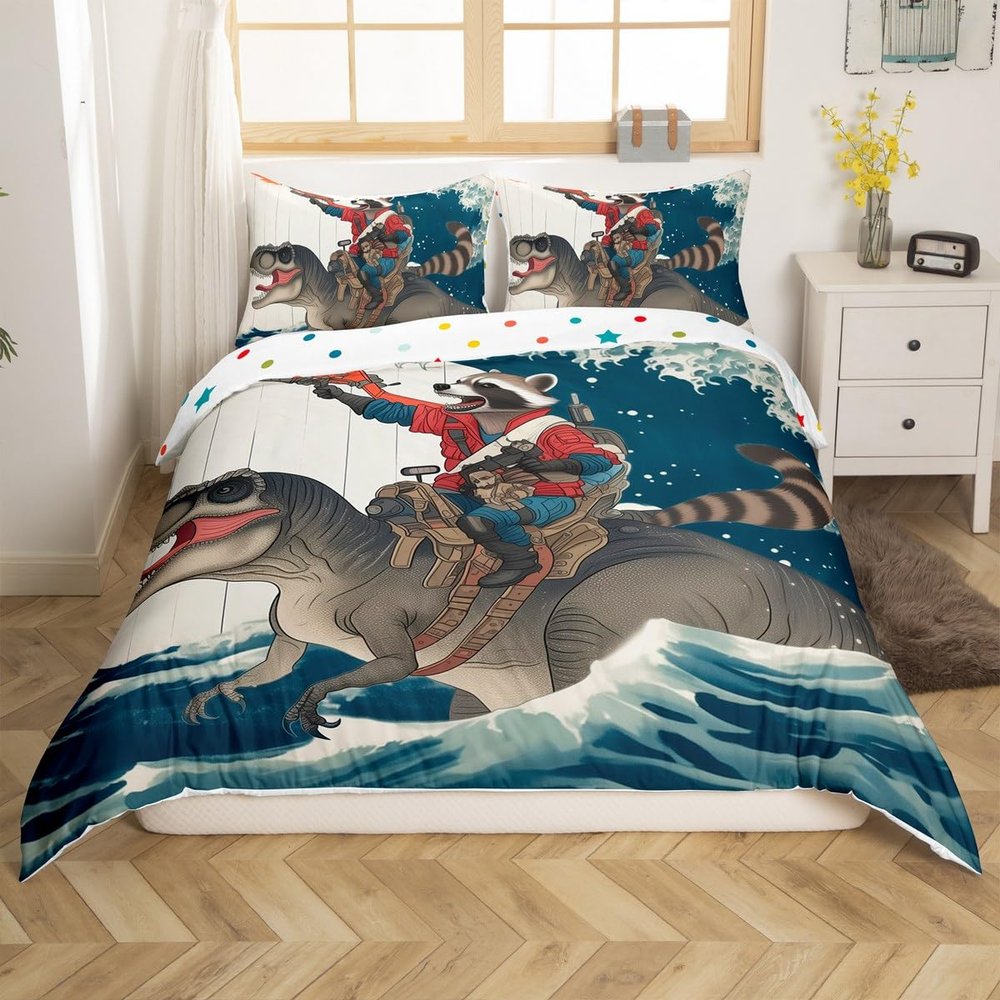 jejeloiu Cartoon Raccoon Duvet Cover Set Funny Dragon Bedding Set for Kids Boys Girls Japanese Ocean Wave Comforter Cover Rustic Wooden Quilt Cover with 1 Pillowcase 2Pcs Bedding Toddler,No Comforter
