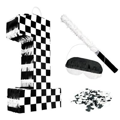 AVXINSOK Checkered Number 1 Pinata with Stick and Blindfold Black and White Race Car Pinata for Kids 1st Birthday Anniversary Racing Car Party Supplies