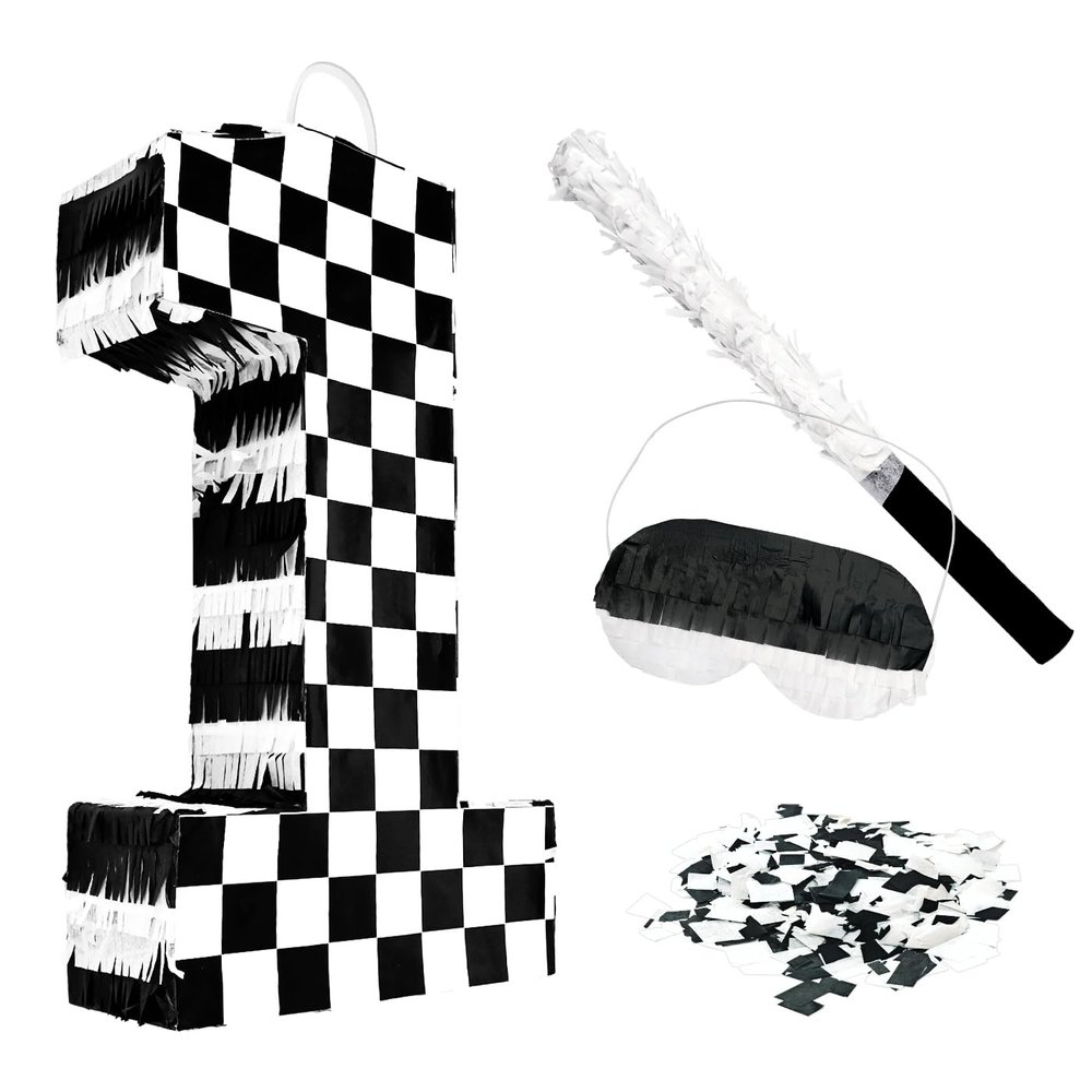 AVXINSOK Checkered Number 1 Pinata with Stick and Blindfold Black and White Race Car Pinata for Kids 1st Birthday Anniversary Racing Car Party Supplies
