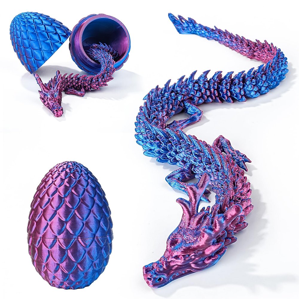 12'' 3D Printed Dragon with Egg, Mystery Cool 3D Printer Articulated Crystal Dragon Animals Fidget Toy for Boys Girls Kid Teen, Dinosaur Toys for Kids 5-7 8-12 Dino Eggs Home DecorRed Blue