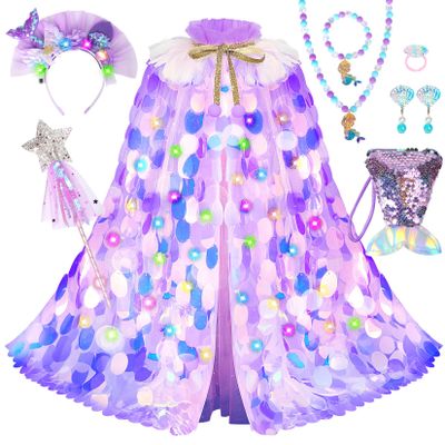 LIMIROLER Princess Dress Up Toys Princess Dress Up Clothes Rainbow Mermaid Cape Kit 9 Pcs Gift Set for Little Girls 3-8 Years (8 - Light up Rainbow Purple)