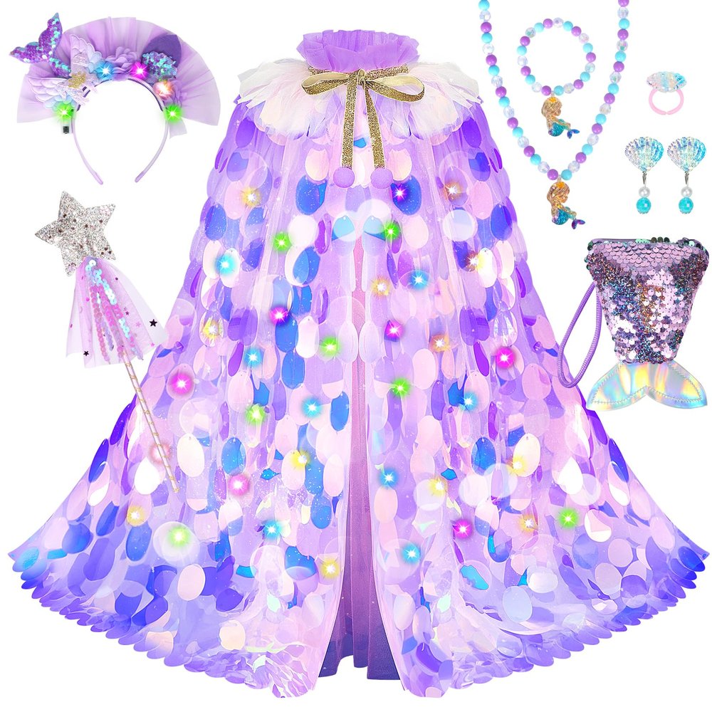LIMIROLER Princess Dress Up Toys Princess Dress Up Clothes Rainbow Mermaid Cape Kit 9 Pcs Gift Set for Little Girls 3-8 Years (8 - Light up Rainbow Purple)