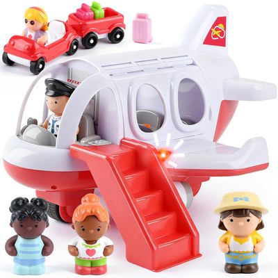 PLAY Airplane Toy for Kids - Toddler Airplane Toys Travel Plane Toys for Kids 2+ Years Old with Small Figures & Baggage Carrier, Musical Toy Airplane with Lights for Boys Girls Gifts Birthday (Red)