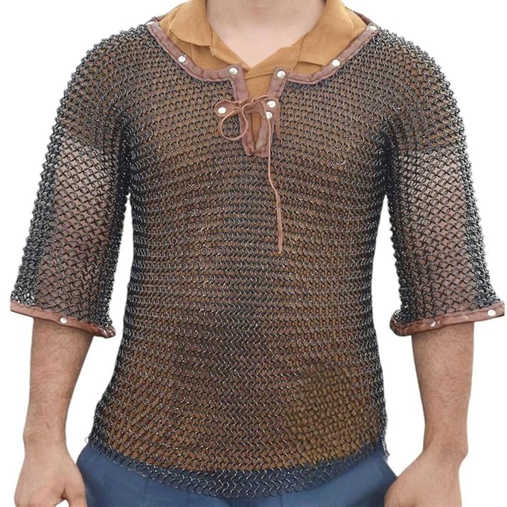 9mm Butted Chainmail Haubergeon  Black Mild Steel 17 Gauge Round Ring Armor for LARP, SCA & Reenactments (L)