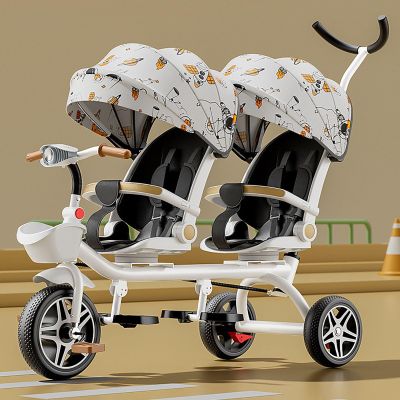 Double Stroller Lightweight Tandem Tricycle,Two-Seater Pedal Bicycle, Stroller with Sunshade,Robust Frame,Outdoor Playground Equipment Tricycles,for Boys and Girls Ages 1-7(Multi-Colored)