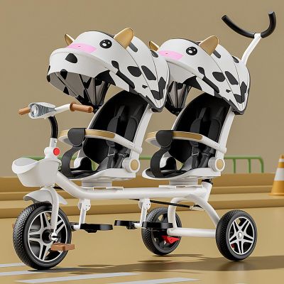 Double Stroller Lightweight Tandem Tricycle,Two-Seater Pedal Bicycle, Stroller with Sunshade,Robust Frame,Outdoor Playground Equipment Tricycles,for Boys and Girls Ages 1-7(Natural)