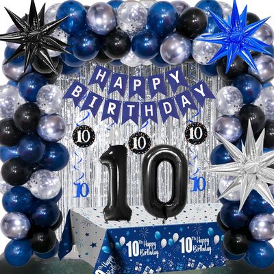 10th Birthday Decorations for Boys and Girls Dark Blue, Double Digits Birthday with HAPPY BIRTHDAY Banner 10 Balloon Number Tablecloth Foil Star Balloons Garland Arch Kit-10 Year Old Party Supplies