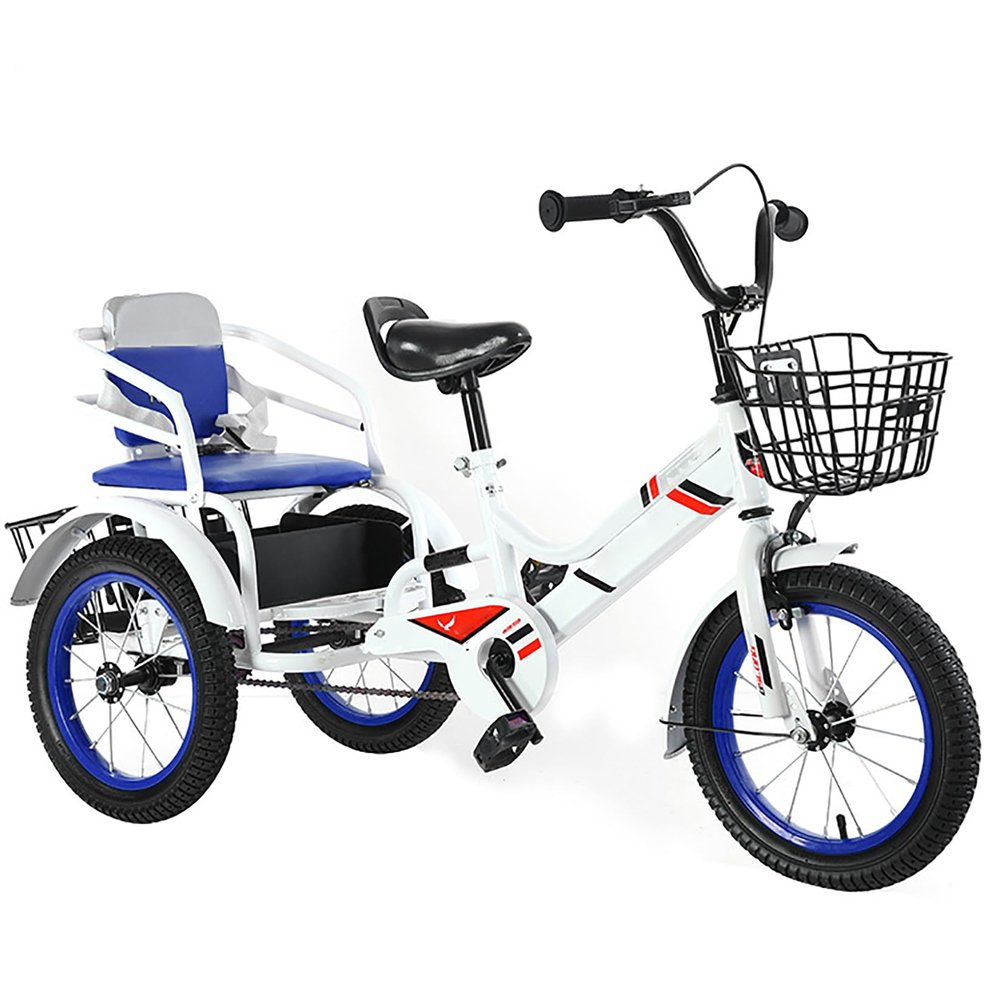 Blue,16in,JIYIAN Children's Folding Tricycle High Carbon Steel 3-Wheel Cruiser Bike with Soft and Comfortable Back Seat and Deepen Storage Basket Raised Guardrail with Safety Belt Classic Tricycle
