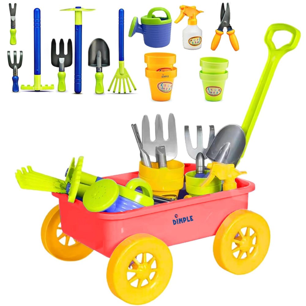 Dimple Garden Wagon & Tools Toy Set Premium 15 Pcs Kids Gardening Tools & Wagon Toy Set - Sturdy & Durable - Top Yd, Beach, Sand, Garden Play Set - Great for Kids & Toddlers