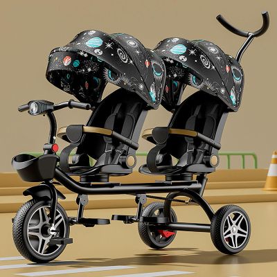 Double Stroller Lightweight Tandem Tricycle,Two-Seater Pedal Bicycle, Stroller with Sunshade,Robust Frame,Outdoor Playground Equipment Tricycles,for Boys and Girls Ages 1-7(Brown)