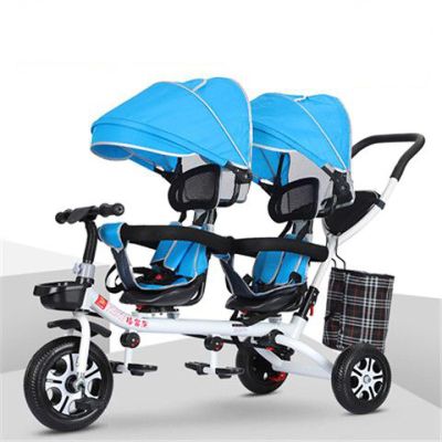 Kids Tricycle, Double Pram with Double Seat and Canopy, Anti-Rollover Rubber Wheel Double Baby Stroller Daycare Trike Toy,for Boy and Girl Gifts,Preschool Playground Equipment(Blue)