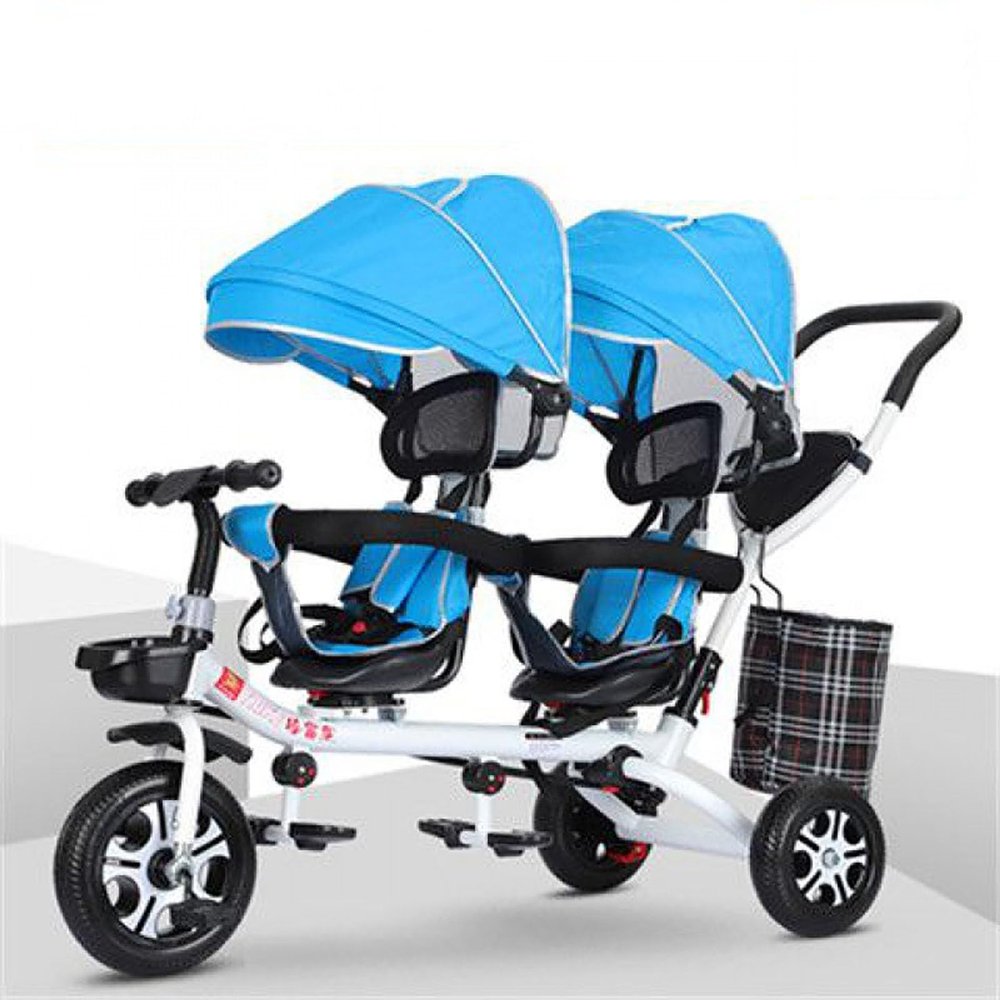 Kids Tricycle, Double Pram with Double Seat and Canopy, Anti-Rollover Rubber Wheel Double Baby Stroller Daycare Trike Toy,for Boy and Girl Gifts,Preschool Playground Equipment(Blue)