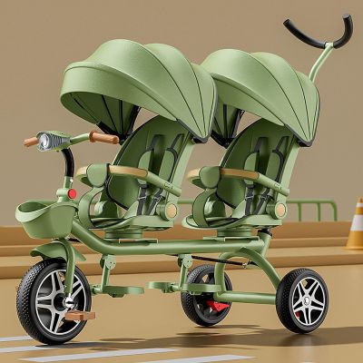 Double Stroller Lightweight Tandem Tricycle,Two-Seater Pedal Bicycle, Stroller with Sunshade,Robust Frame,Outdoor Playground Equipment Tricycles,for Boys and Girls Ages 1-7(Green)