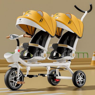 Double Stroller Lightweight Tandem Tricycle,Two-Seater Pedal Bicycle, Stroller with Sunshade,Robust Frame,Outdoor Playground Equipment Tricycles,for Boys and Girls Ages 1-7(Yellow)