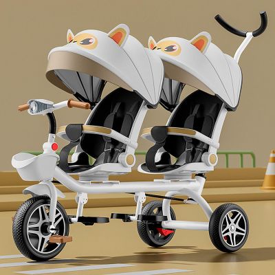 Double Stroller Lightweight Tandem Tricycle,Two-Seater Pedal Bicycle, Stroller with Sunshade,Robust Frame,Outdoor Playground Equipment Tricycles,for Boys and Girls Ages 1-7(White)