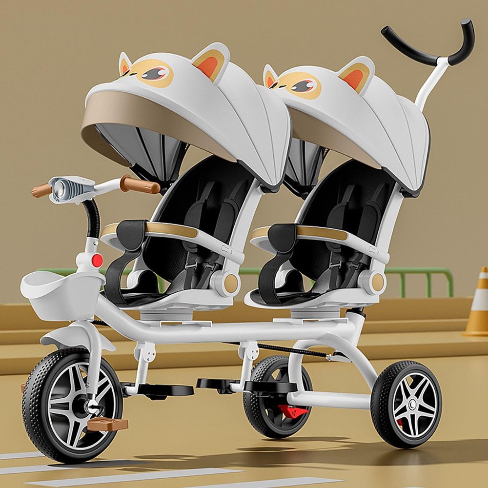 Double Stroller Lightweight Tandem Tricycle,Two-Seater Pedal Bicycle, Stroller with Sunshade,Robust Frame,Outdoor Playground Equipment Tricycles,for Boys and Girls Ages 1-7(White)