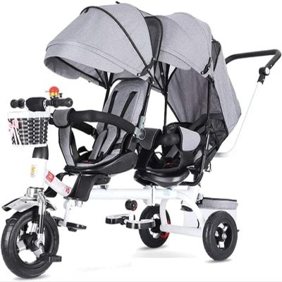 Kids Tricycle, Double Pram with Double Seat and Canopy, Anti-Rollover Rubber Wheel Double Baby Stroller Daycare Trike Toy,for Boy and Girl Gifts,Preschool Playground Equipment(Gray)