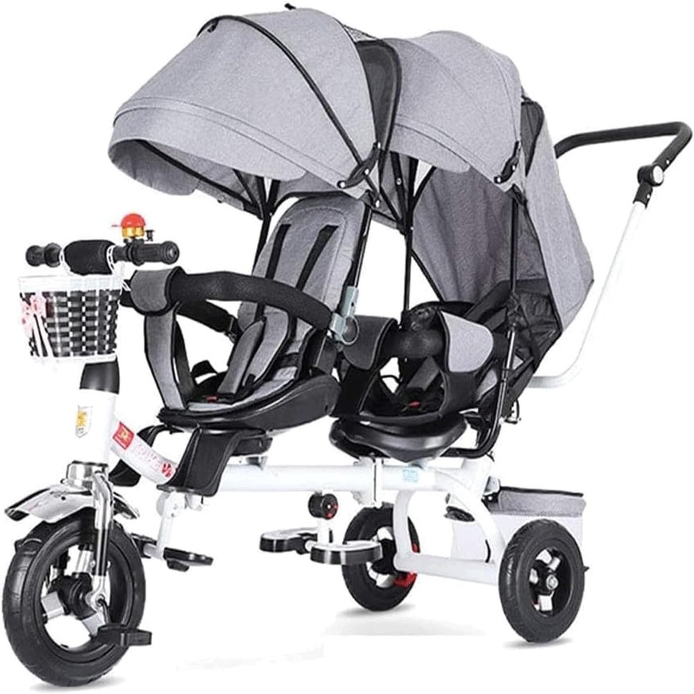 Kids Tricycle, Double Pram with Double Seat and Canopy, Anti-Rollover Rubber Wheel Double Baby Stroller Daycare Trike Toy,for Boy and Girl Gifts,Preschool Playground Equipment(Gray)
