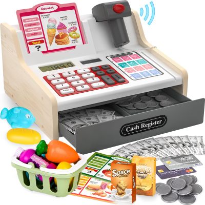 maysida Rechargeable Wooden Kids Cash Register with Scanner, Pretend Play Cash Register Toy with Fake Money, Food, Credit Card, Toddler Boys Girls Age 2-4 4-8