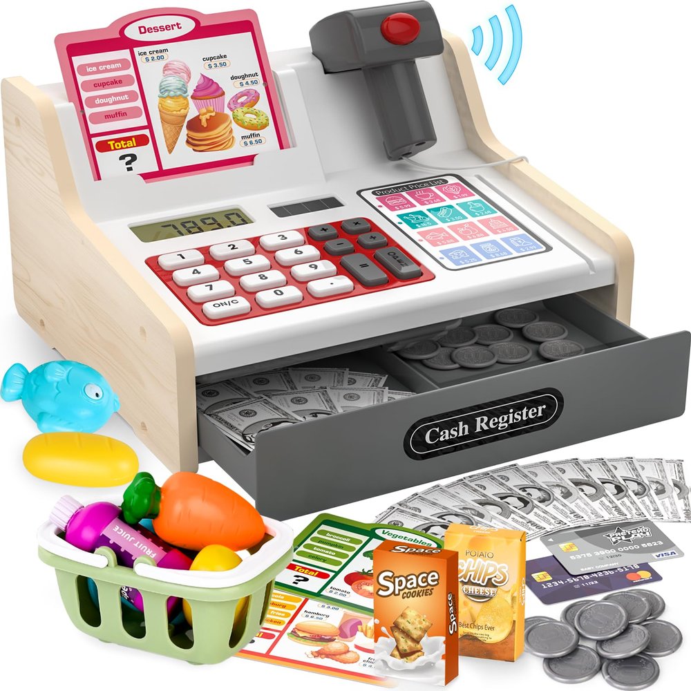 maysida Rechargeable Wooden Kids Cash Register with Scanner, Pretend Play Cash Register Toy with Fake Money, Food, Credit Card, Toddler Boys Girls Age 2-4 4-8