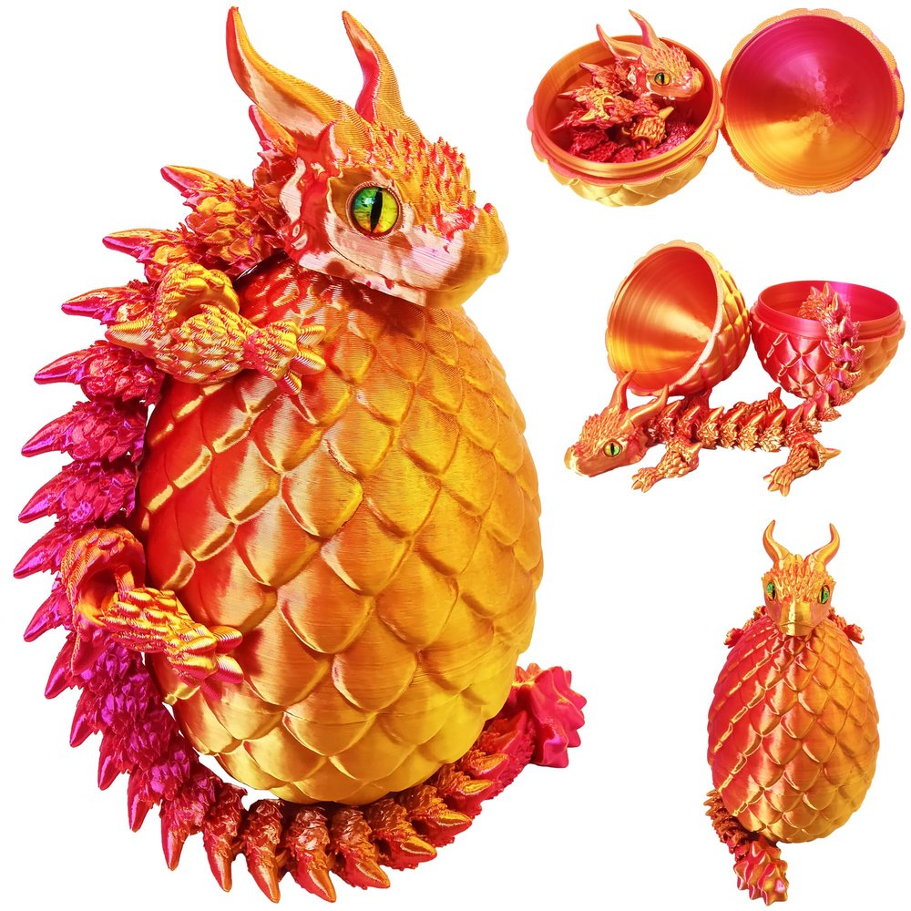 3D Printed Dragon Eggs with Dragon Inside, Large Articulated Dragons Toys with Eyes, Animal Fidget Toy Easter Surprise Eggs Home Decor Executive Desk Toy, Easter Gift for Kids (Red+Golden)