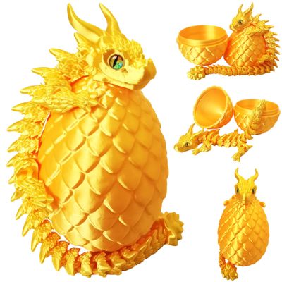 3D Printed Dragon Eggs with Dragon Inside, Large Articulated Dragons Toys with Eyes, Animal Fidget Toy Easter Surprise Eggs Home Decor Executive Desk Toy, Easter Gift for Kids (Golden)