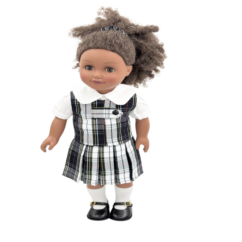 18 inch Doll Outfit-School Plaid Jumper Include Blouse and Hair Accessory/Add on Option: Sock and Shoe (Doll is not Included) (Zip Jumper,Sock,Matte Black Shoe, Plaid 8B)