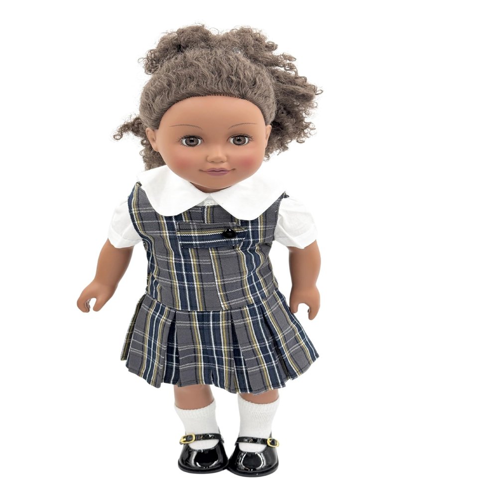 18 inch Doll Outfit-School Plaid Jumper Include Blouse and Hair Accessory/Add on Option: Sock and Shoe (Doll is not Included) (Zip Jumper,Sock,Shiny Black Shoe, Plaid 42)