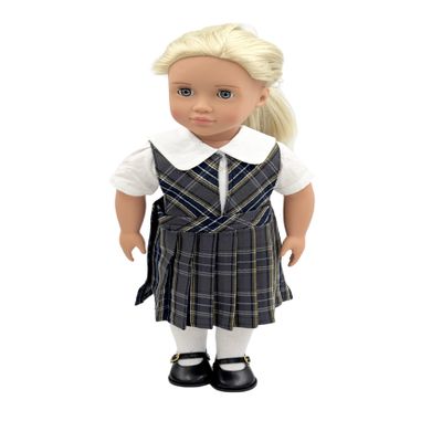 18 inch Doll Outfit-School Plaid Jumper Include Blouse and Hair Accessory/Add on Option: Sock and Shoe (Doll is not Included) (Split Jumper,Sock,Matte Black Shoe, Plaid 42)