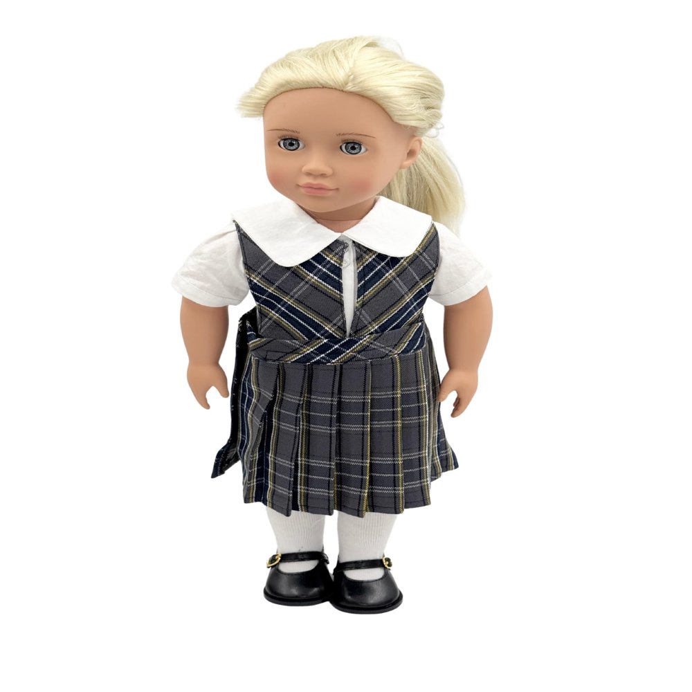 18 inch Doll Outfit-School Plaid Jumper Include Blouse and Hair Accessory/Add on Option: Sock and Shoe (Doll is not Included) (Split Jumper,Sock,Matte Black Shoe, Plaid 42)