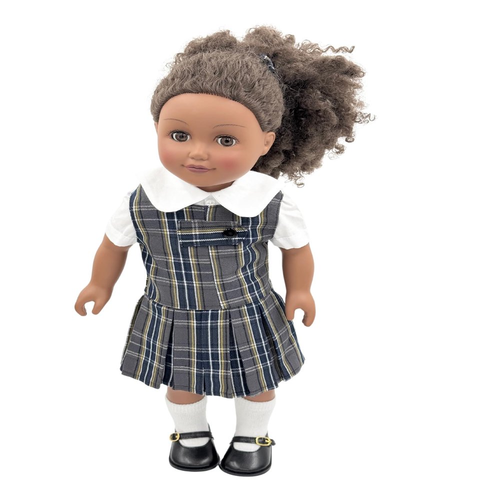18 inch Doll Outfit-School Plaid Jumper Include Blouse and Hair Accessory/Add on Option: Sock and Shoe (Doll is not Included) (Zip Jumper,Sock,Matte Black Shoe, Plaid 42)