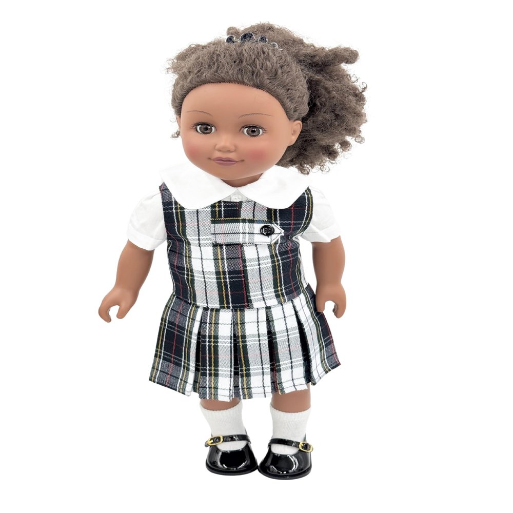 18 inch Doll Outfit-School Plaid Jumper Include Blouse and Hair Accessory/Add on Option: Sock and Shoe (Doll is not Included) (Zip Jumper,Sock,Shiny Black Shoe, Plaid 8B)