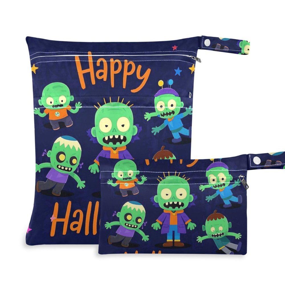 Amooorous Happy Halloween Cartoon Cute Zombie zippered bag for swimsuit 2 Pack travel essentials for babies with handles for pool, baby diapers