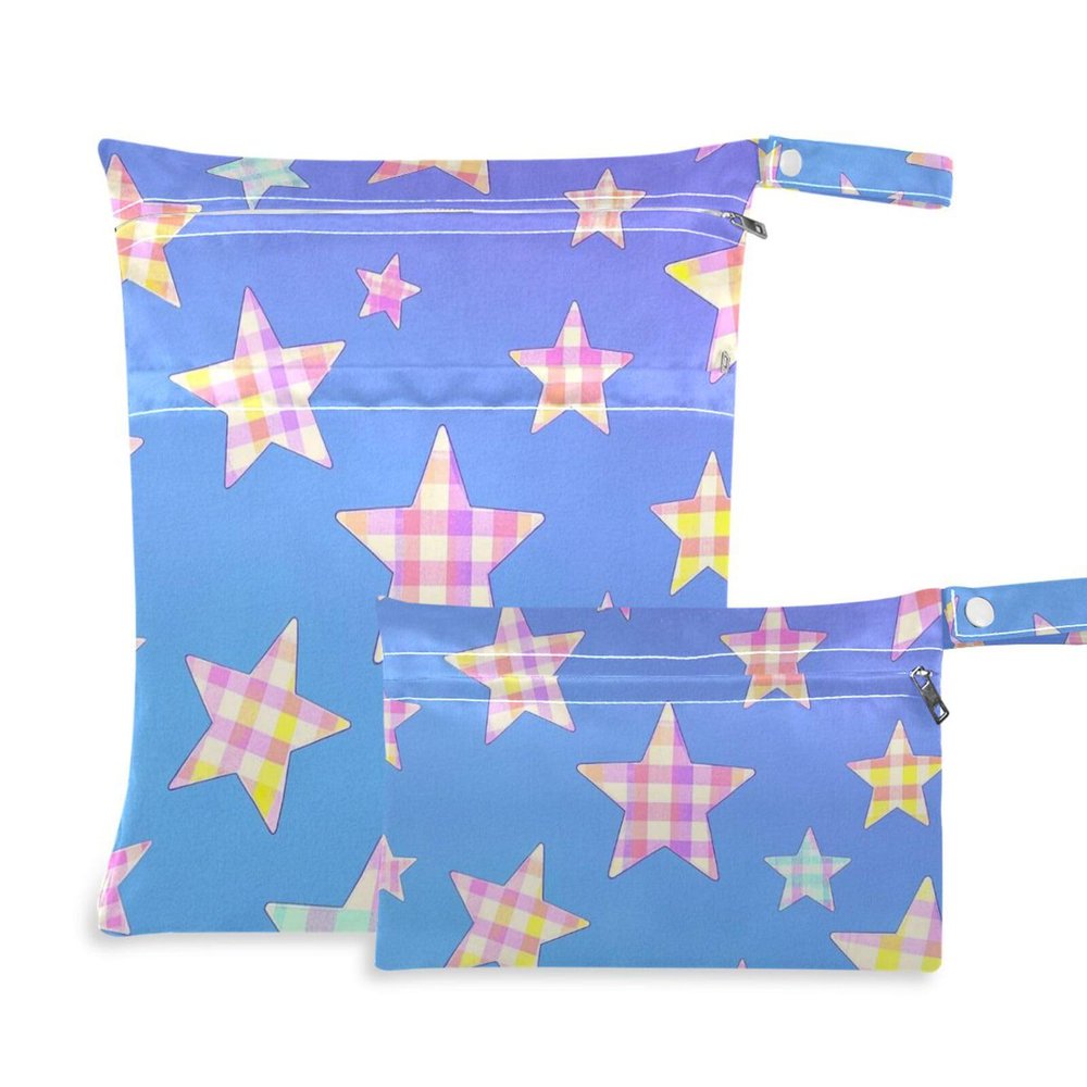 Amooorous Cartoon Checkered Plaid Star Blue waterproof wet diaper bag 2 Pack travel essentials for babies with handles for daycare, travel