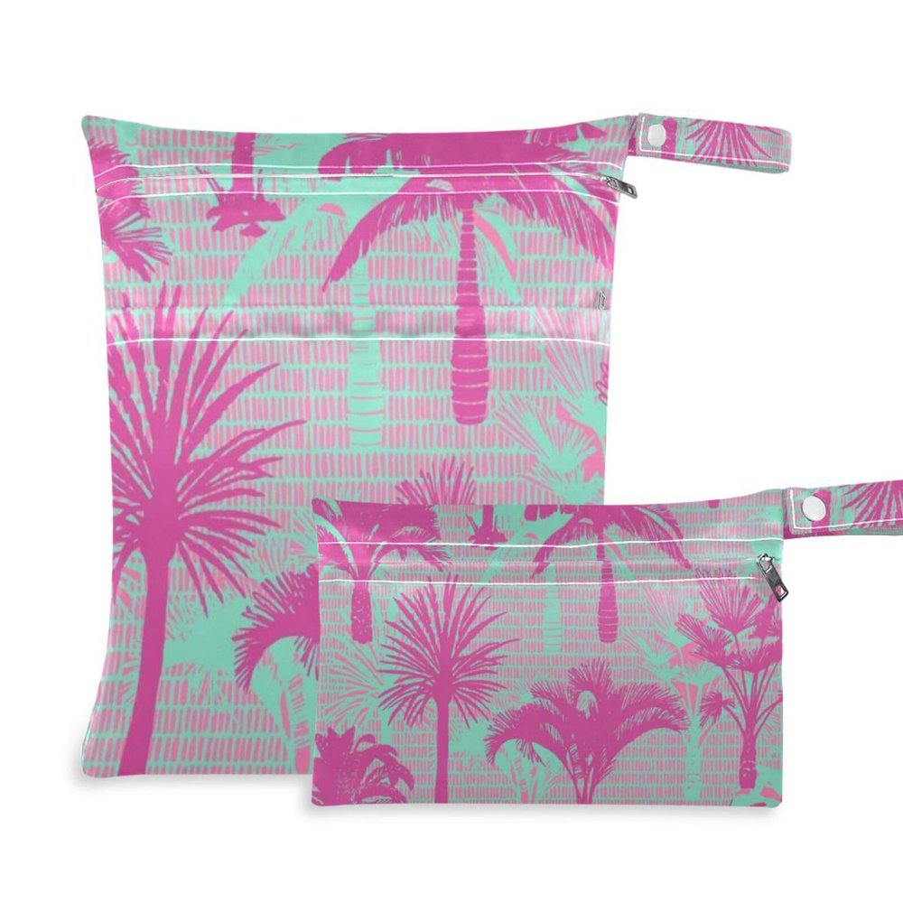 Amooorous Pink Tropical Palm reusable wet swimsuit bag 2 Pack travel essentials for flying with handles for baby diapers, bathing