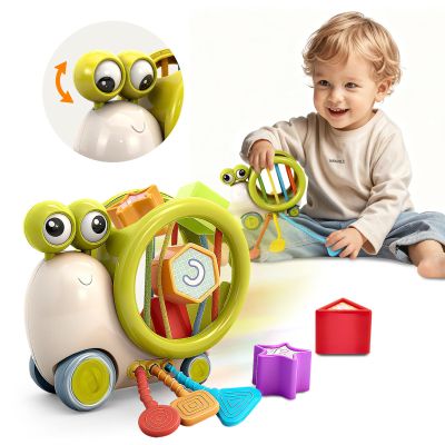 BYFWH 5 in 1 Montessori Sensory Toy for Toddlers 1-3, Activity Cube Baby Toys, Infant Pulling Toy with Shape Sorter & Silicone String, Snail Push-to-go Car for Travel Play, Gift for Boy Girl