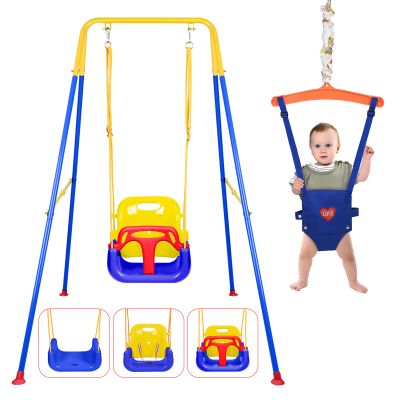 4 in 1 Toddler Swing Set & Baby Jumper, Heavy Duty Kids Swing with Bouncer, Foldable Metal Stand for Indoor & Outdoor, Easy Install & Store (Blue)