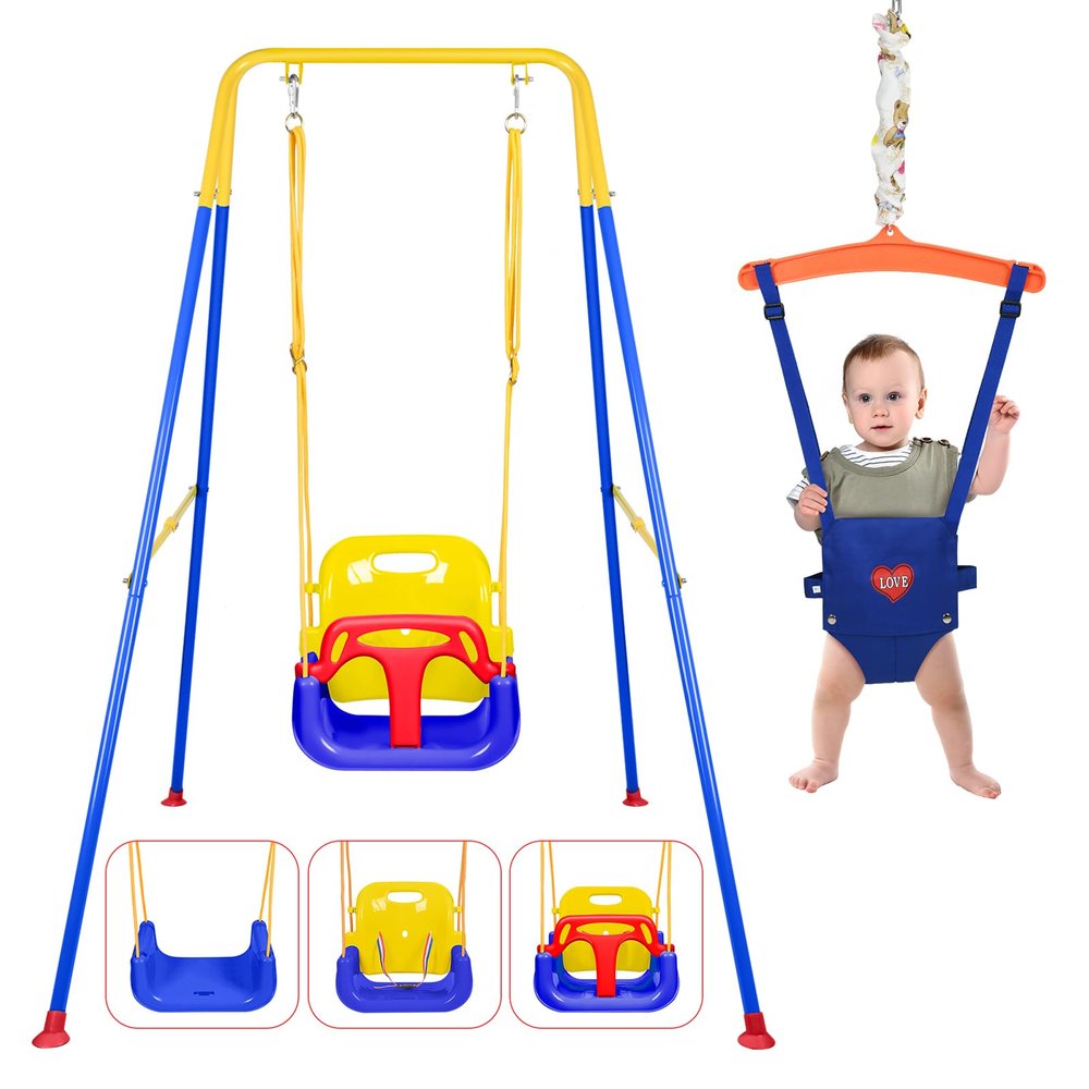 4 in 1 Toddler Swing Set & Baby Jumper, Heavy Duty Kids Swing with Bouncer, Foldable Metal Stand for Indoor & Outdoor, Easy Install & Store (Blue)