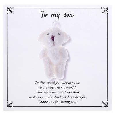 Aesnefe Pocket Bear Hug, to My Son Plush Bear Gifts from Mom Dad, Mental Health Positivity Gifts for Men Teen, Autism Fidget Gift, Inspirational Gift for School Anxiety, White