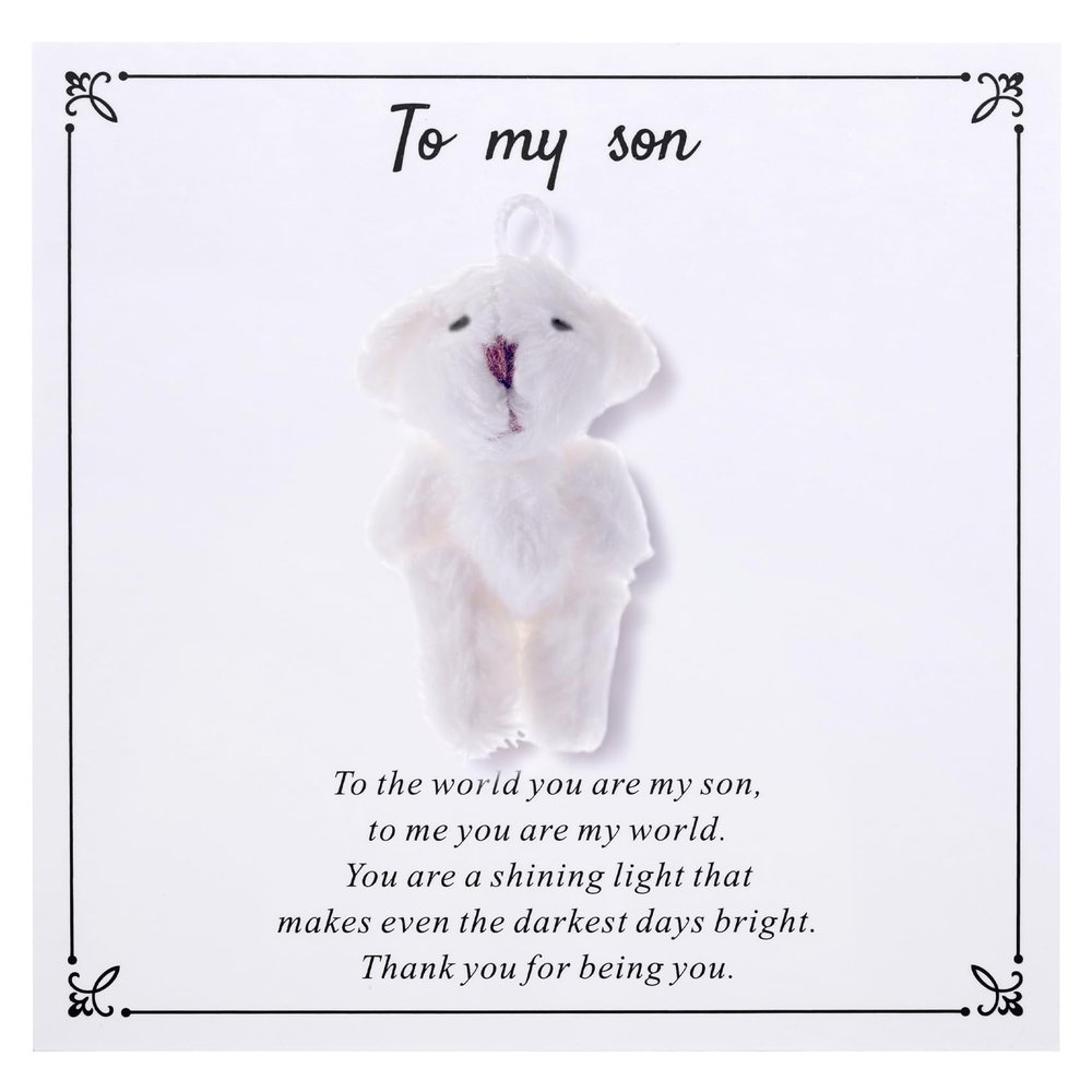 Aesnefe Pocket Bear Hug, to My Son Plush Bear Gifts from Mom Dad, Mental Health Positivity Gifts for Men Teen, Autism Fidget Gift, Inspirational Gift for School Anxiety, White