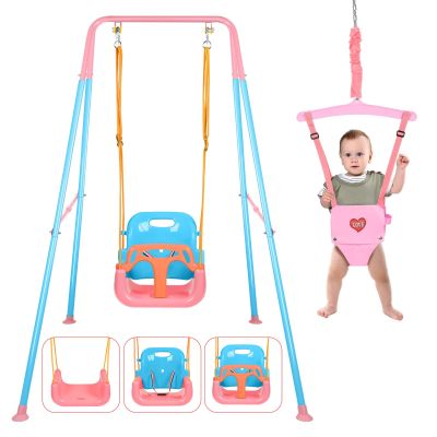 4 in 1 Toddler Swing Set & Baby Jumper, Heavy Duty Kids Swing with Bouncer, Foldable Metal Stand for Indoor & Outdoor, Easy Install & Store (Blue Pink)