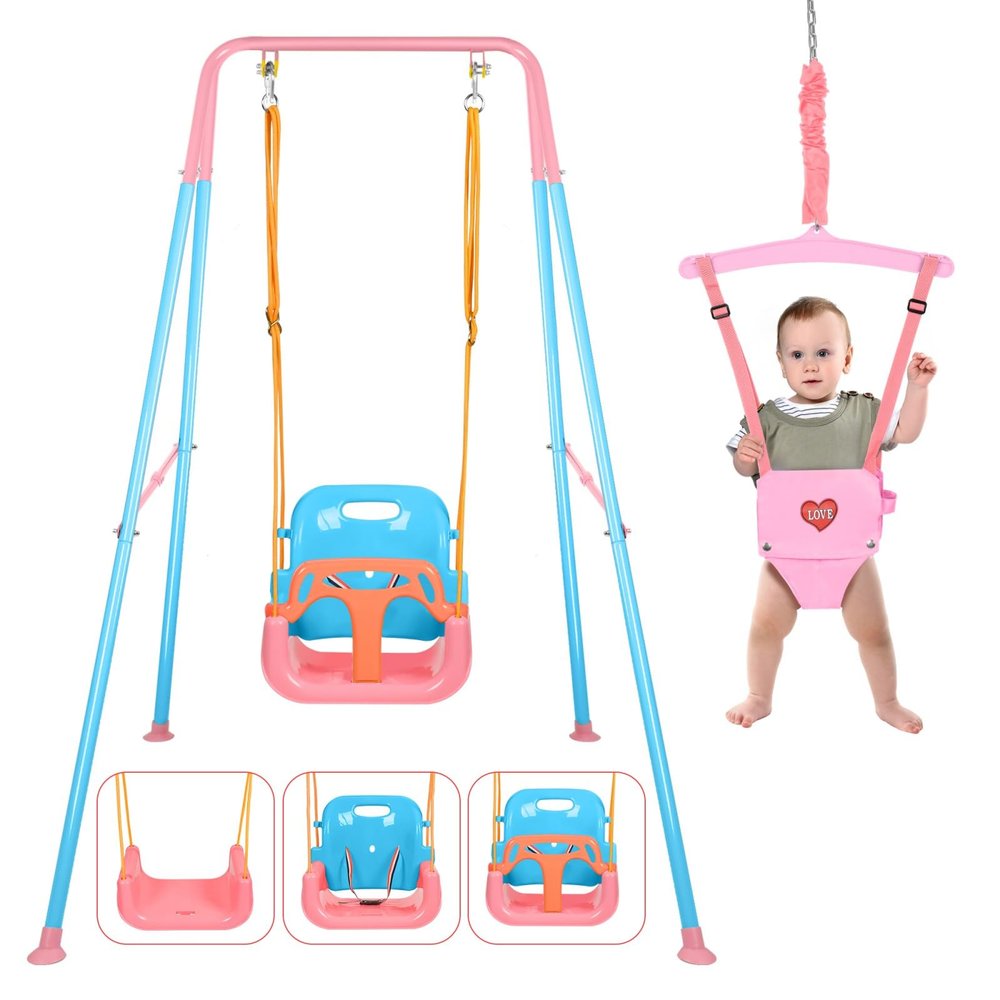 4 in 1 Toddler Swing Set & Baby Jumper, Heavy Duty Kids Swing with Bouncer, Foldable Metal Stand for Indoor & Outdoor, Easy Install & Store (Blue Pink)