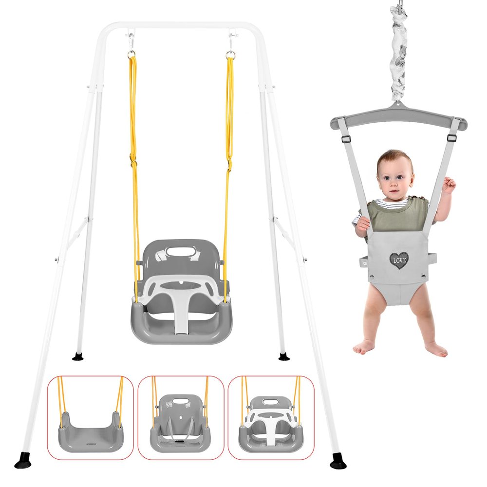 4 in 1 Toddler Swing Set & Baby Jumper, Heavy Duty Kids Swing with Bouncer, Foldable Metal Stand for Indoor & Outdoor, Easy Install & Store (White)