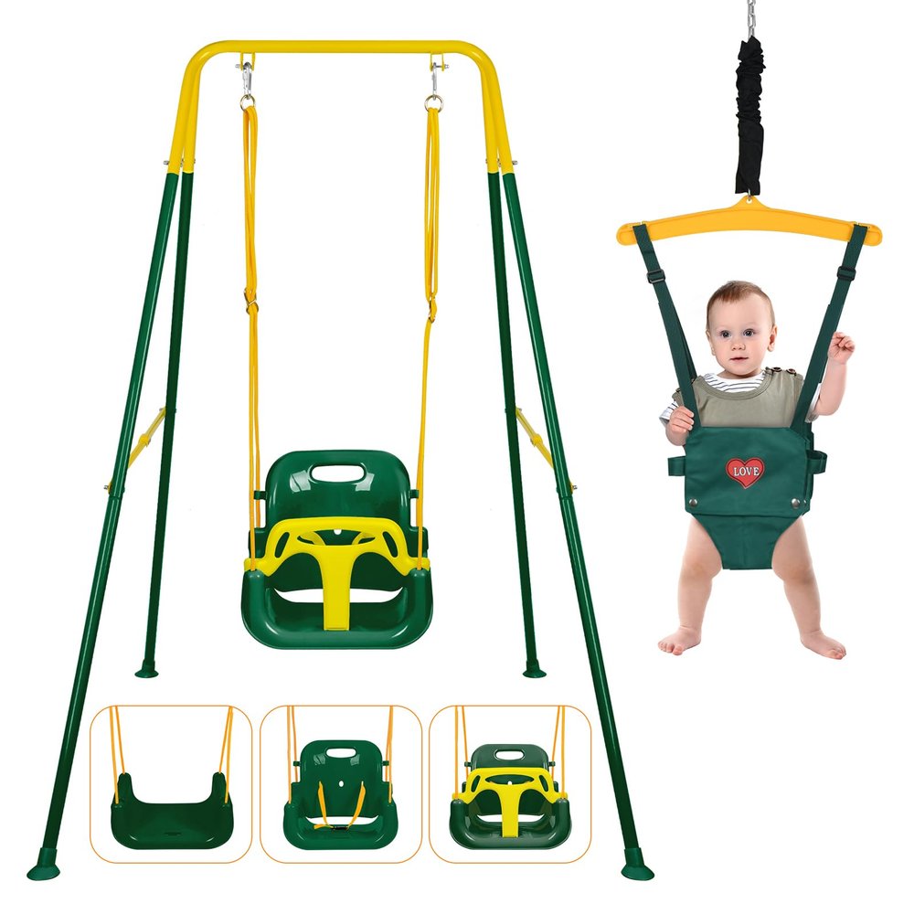 4 in 1 Toddler Swing Set & Baby Jumper, Heavy Duty Kids Swing with Bouncer, Foldable Metal Stand for Indoor & Outdoor, Easy Install & Store (Dark Green)