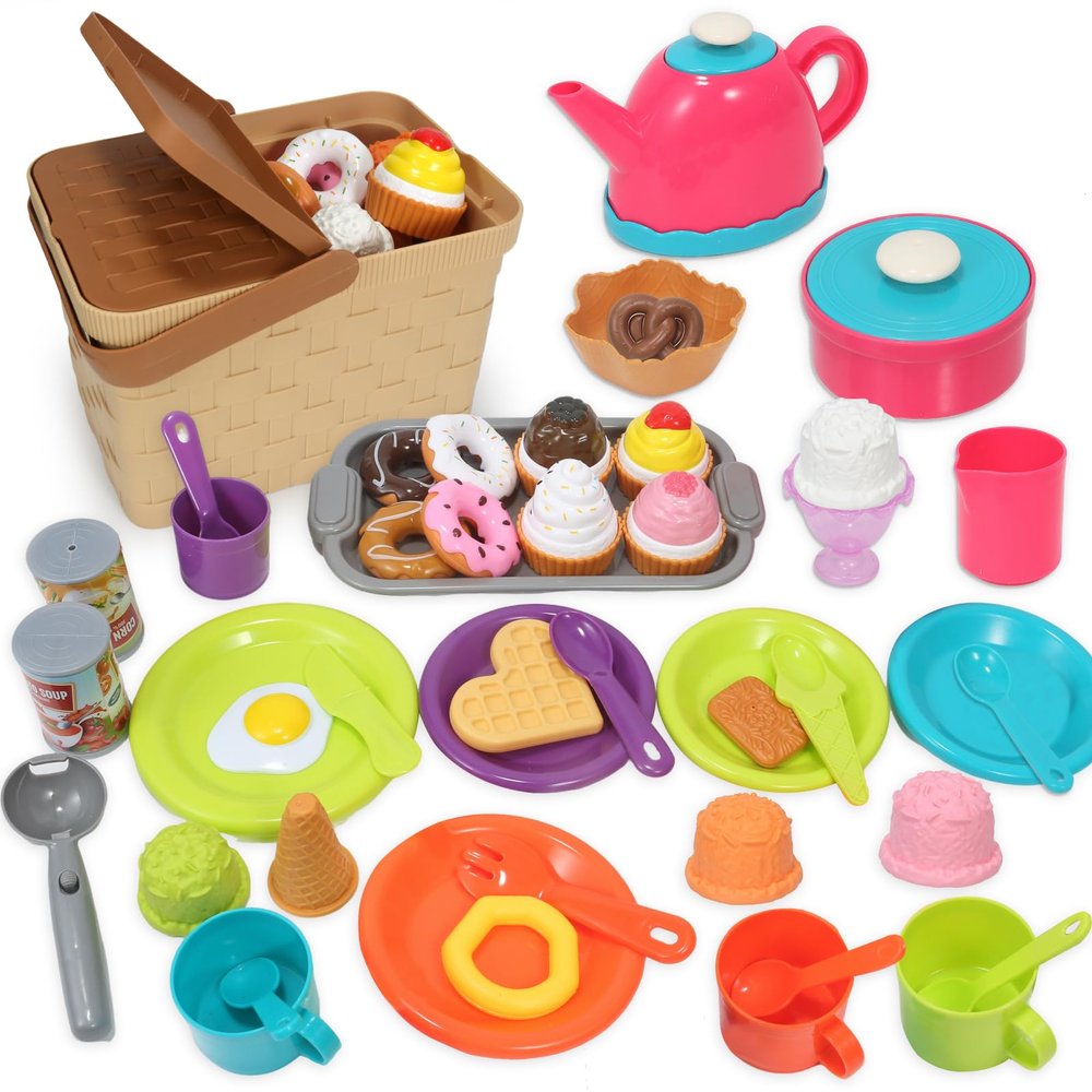Picnic Basket Toys Play Tea Sets with Teapot Tea Cup Dessert Food,Ice Cream Playset, Pretend Play Kitchen Accessories Tea Party Set for Toddlers Kids Little Girl Boy Age 3-7 Years Old