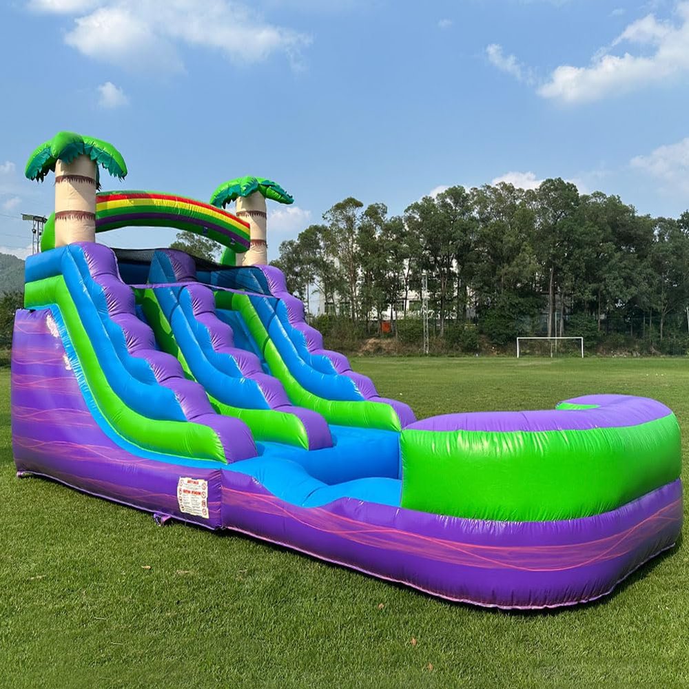 21 Purple Tropical Lightweight Premium Commercial Grade Water Slide Inflatable with Attached Pool for Kids and Adults (with Blower), Wet Dry Use, Summer Fun