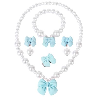 BAOBAOJOY Princess Jewelry for Little Girls, Handmade Bow Pearl Kids Jewelry Set, Stretch Necklace Bracelets Rings and Clip on Earrings, Perfect for Dress Up, Birthday Parties, and Costume Play, Blue