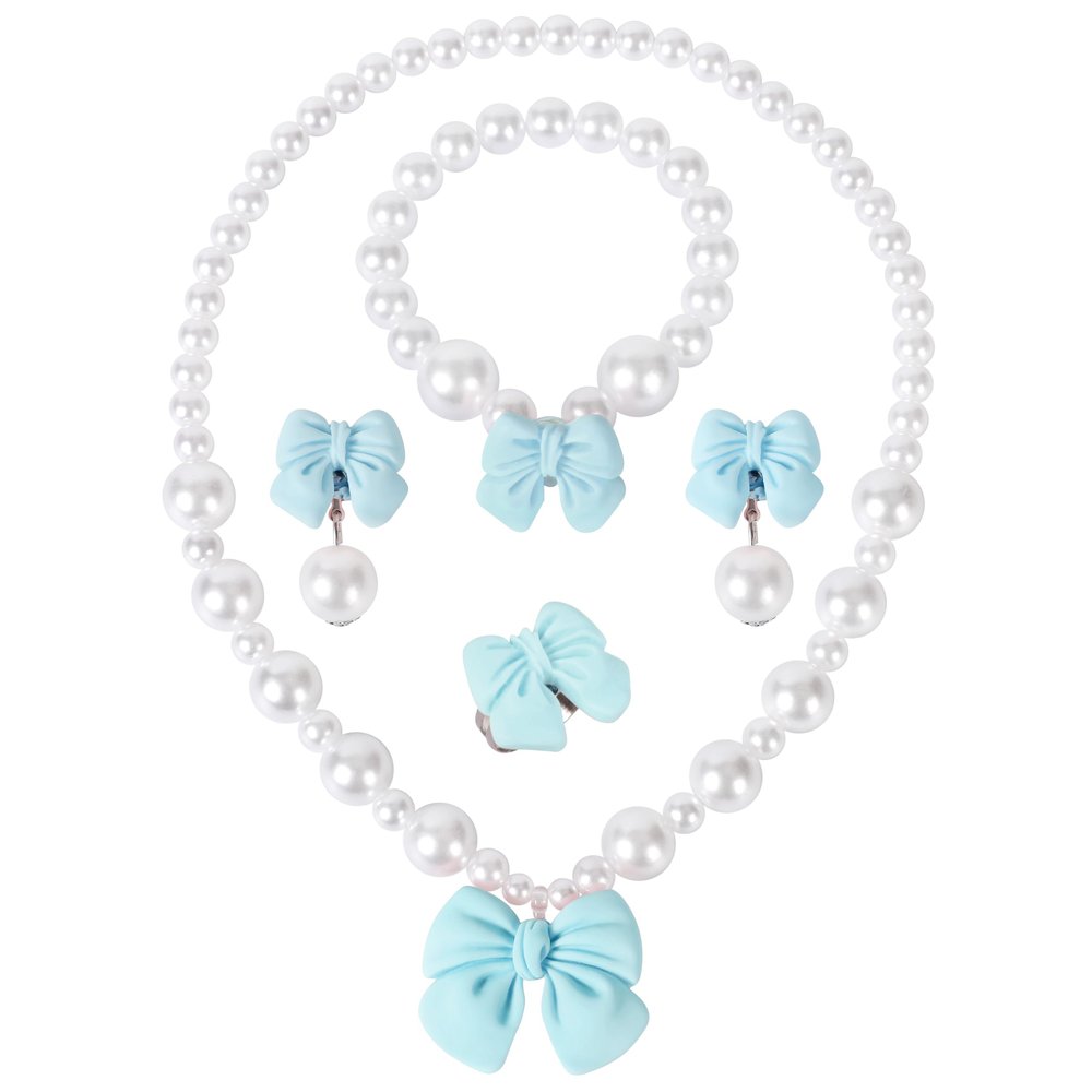 BAOBAOJOY Princess Jewelry for Little Girls, Handmade Bow Pearl Kids Jewelry Set, Stretch Necklace Bracelets Rings and Clip on Earrings, Perfect for Dress Up, Birthday Parties, and Costume Play, Blue