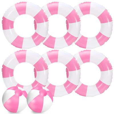 Whaline 8Pcs White Pink Inflatable Swimming Float Toy Set Striped 22.8 in Swim Ring 9 in Beach Ball Fun Print Pool Tube Pool Ball for Teen Boy Girl Summer Swimming Beach Party